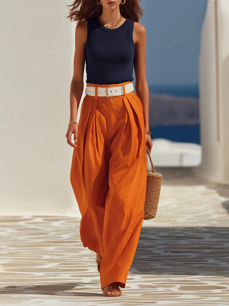 Vacation Style Navy Cable Knit Tank And Orange Linen-Blend Pleated Wide Leg Pants Set