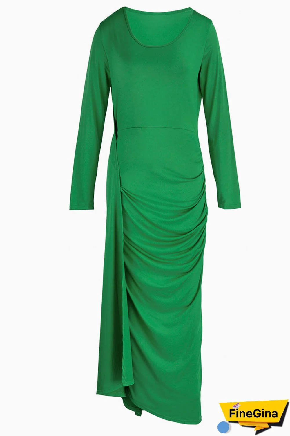 Green Casual Solid Patchwork Fold Asymmetrical O Neck Straight Dresses