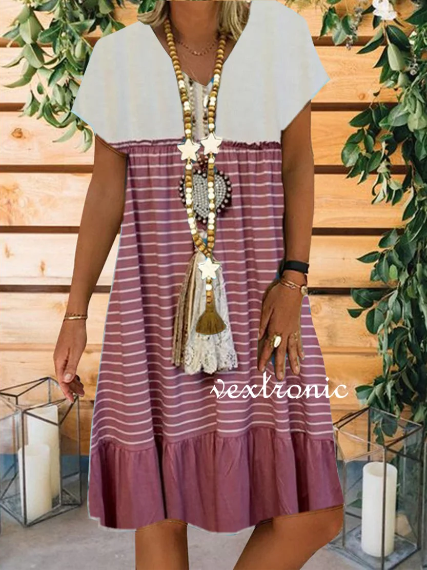 Women Short Sleeve V-neck Striped Stitching Midi Dress