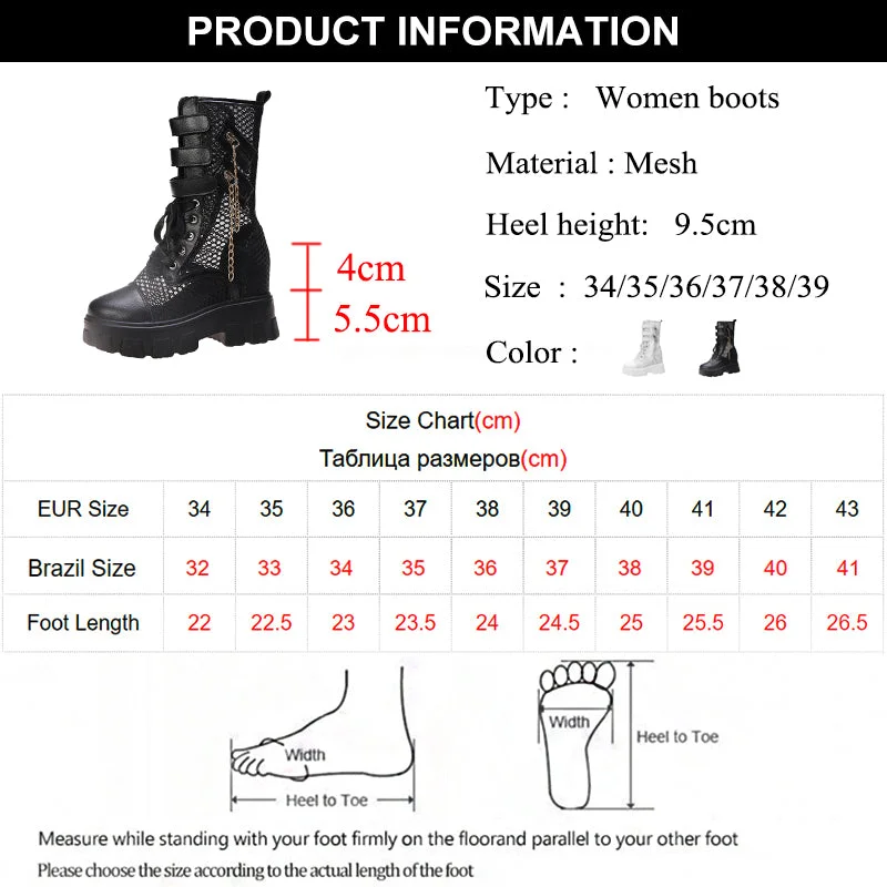 Chunky Platform Motorcycle Boots Women 2022 Summer Breathable Air Mesh Mid Calf Boots Woman Punk Height Increasing Shoes