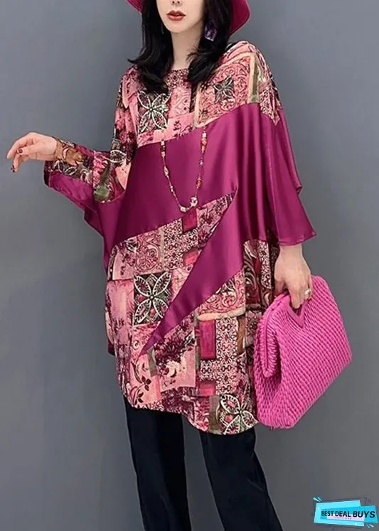 Women Red O-Neck Print Patchwork Top Batwing Sleeve