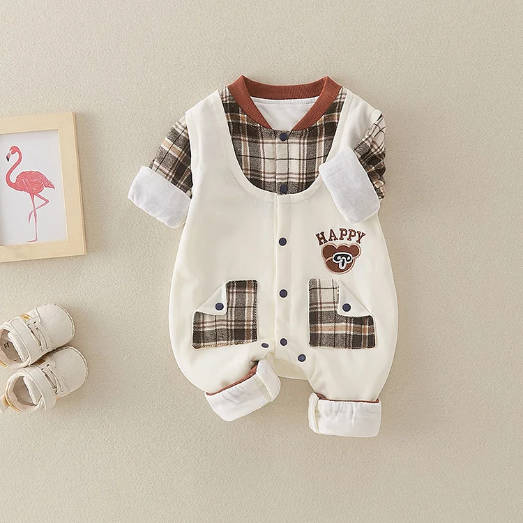 Baby Boy & Girl Cartoon Graphics Plaid Mock Two-pieces Long Sleeve Romper