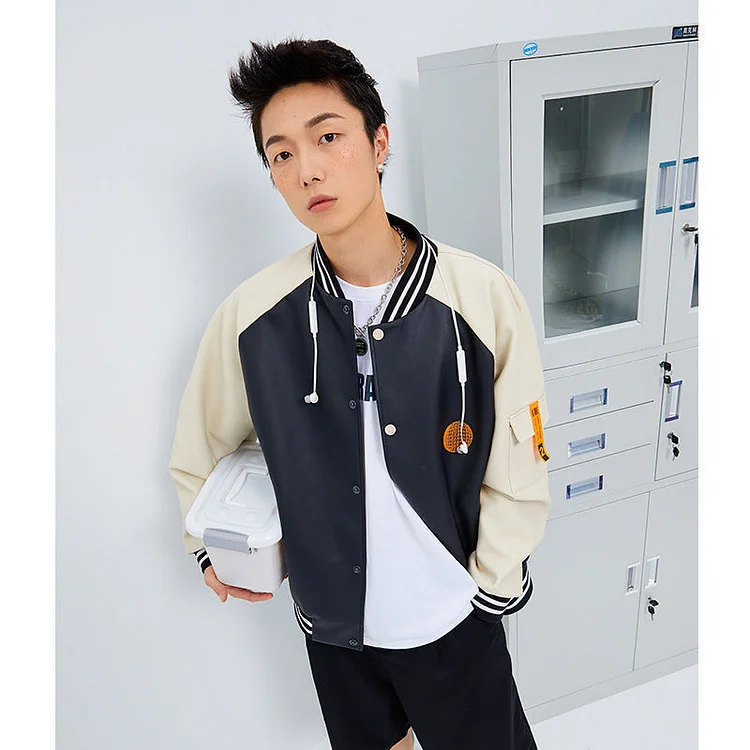 Letterman Jacket Outfit Senior Jackets Varsity Baseball Coat Men's Autumn Color Matching PU Leather Jacket Men Stand Collar Baseball Uniform