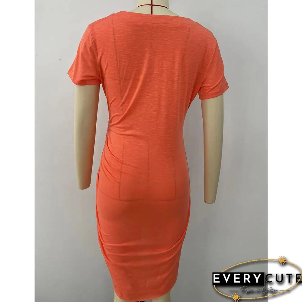 Orange Button V Neck Cross Hem Bodycon Dress
