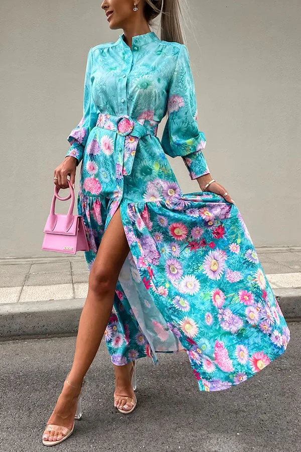 Island Dates Floral Print Belt Shirt Maxi Dress