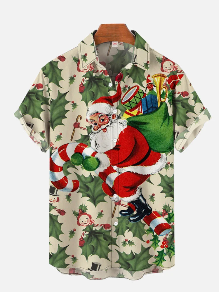 Retro Green Holly Leaves Red Berries Candy Cane And Santa Printing Men's Short Sleeve Shirt