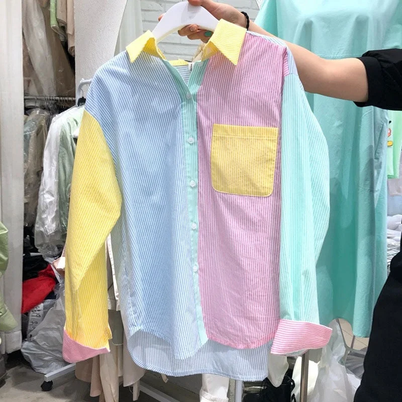 Korea Summer Women Fashion Hit Color Striped Long Sleeve Casual Shirts 2021 Female Turn Down Collar Chic Casual Blouses Top