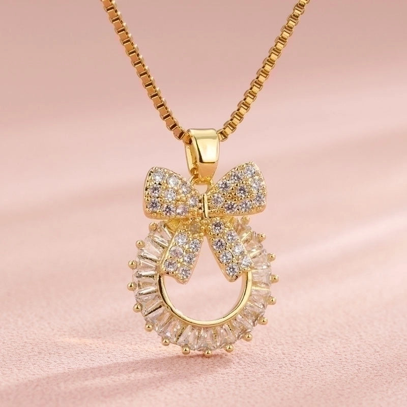 Vintage Style Heart Shape Flower Bow Knot Stainless Steel Copper Plating Inlay 18K Gold Plated Zircon Pendant Necklace