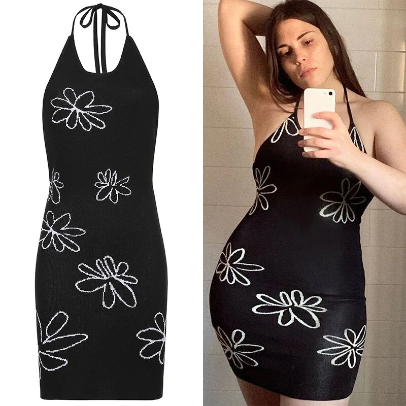HEYounGIRL Floral Print Backless Sexy Knitted Dress Split Side Party Bodycon Long Dress Robe Vintage Skinny Fashion Streetwear
