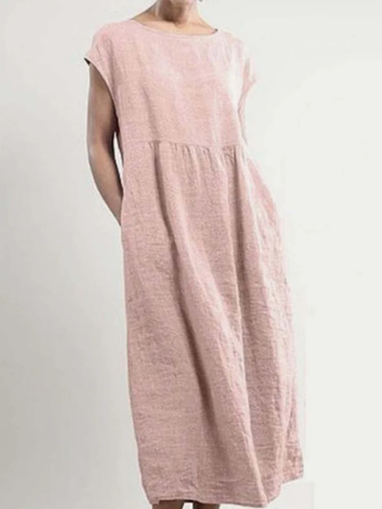 Solid color sleeveless loose cotton and linen pocket dress
