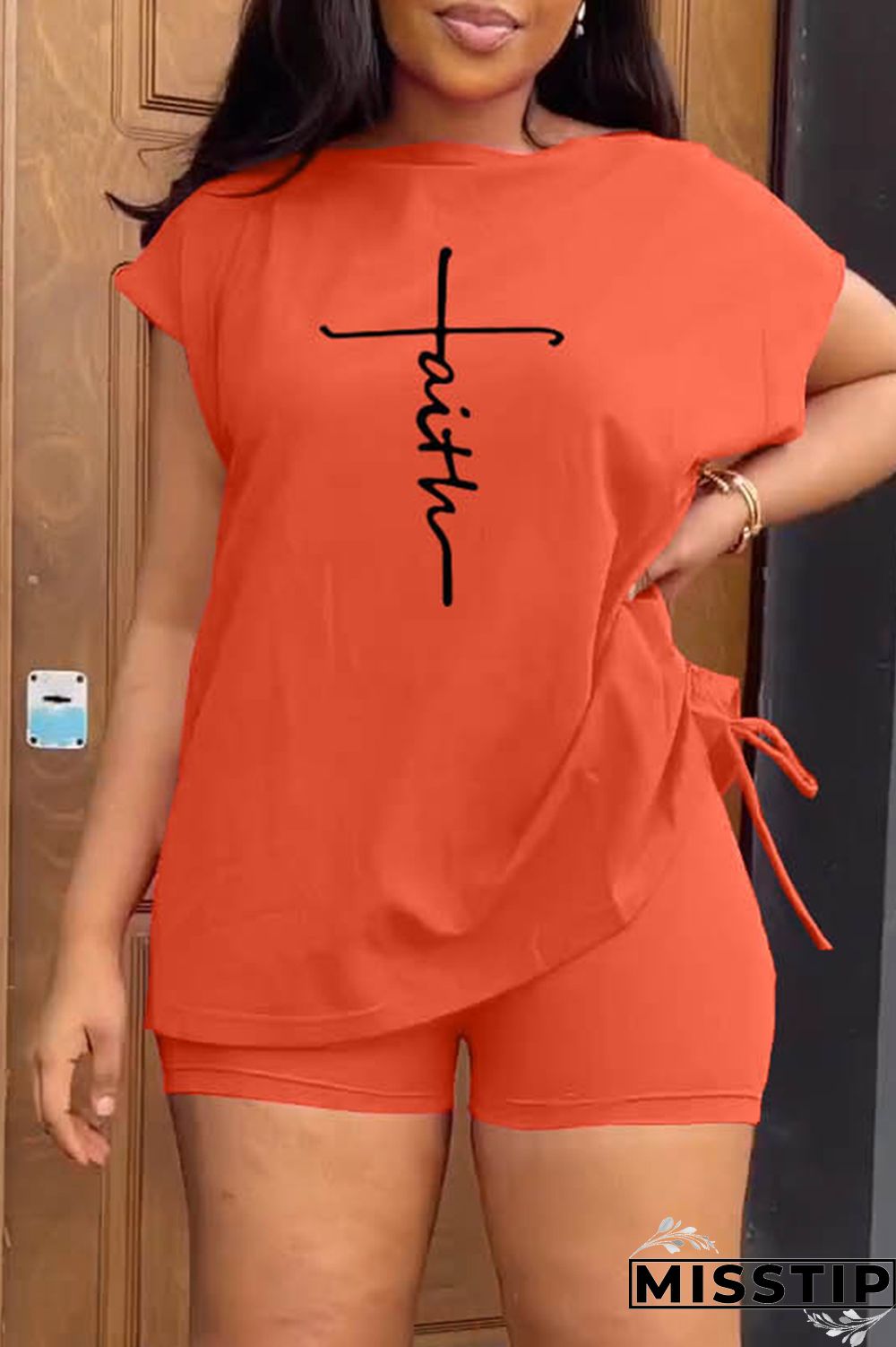 Orange White Casual Print Basic O Neck Short Sleeve Two Pieces