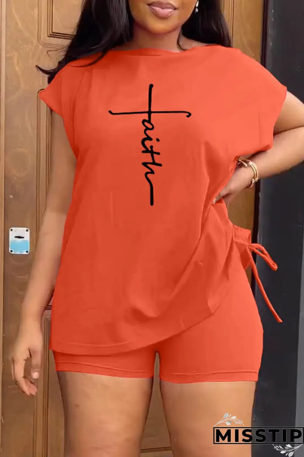 Orange White Casual Print Basic O Neck Short Sleeve Two Pieces