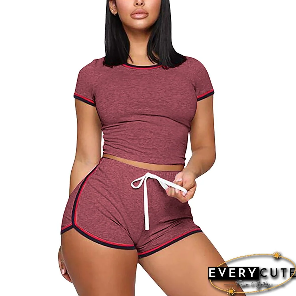 Wine Red Splice Tight Tops and Shorts Set