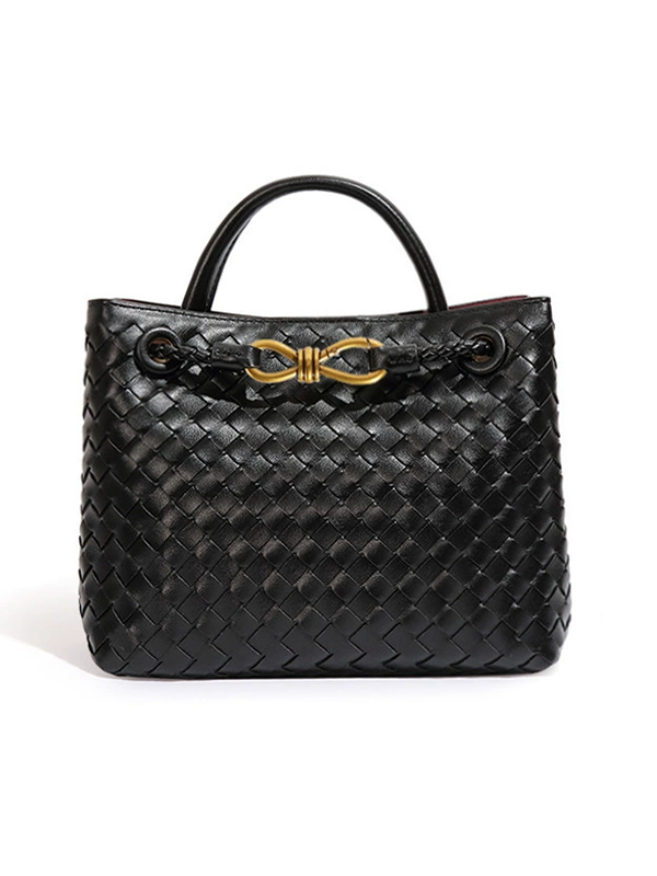 Hand Woven Metal Bow PU Leather Handbag