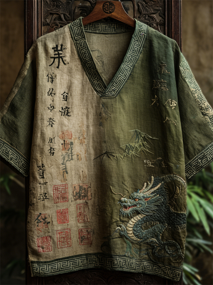 Japanese Dragon & Bamboo Calligraphy Gradient Linen Shirt elevenforest