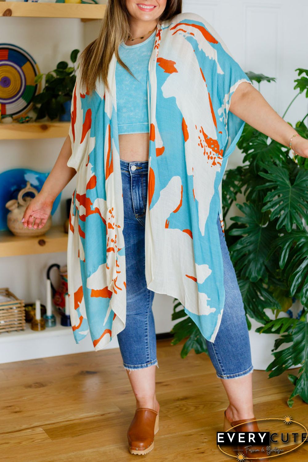 Sky Blue Plus Size Abstract Print Sweeping Kimono