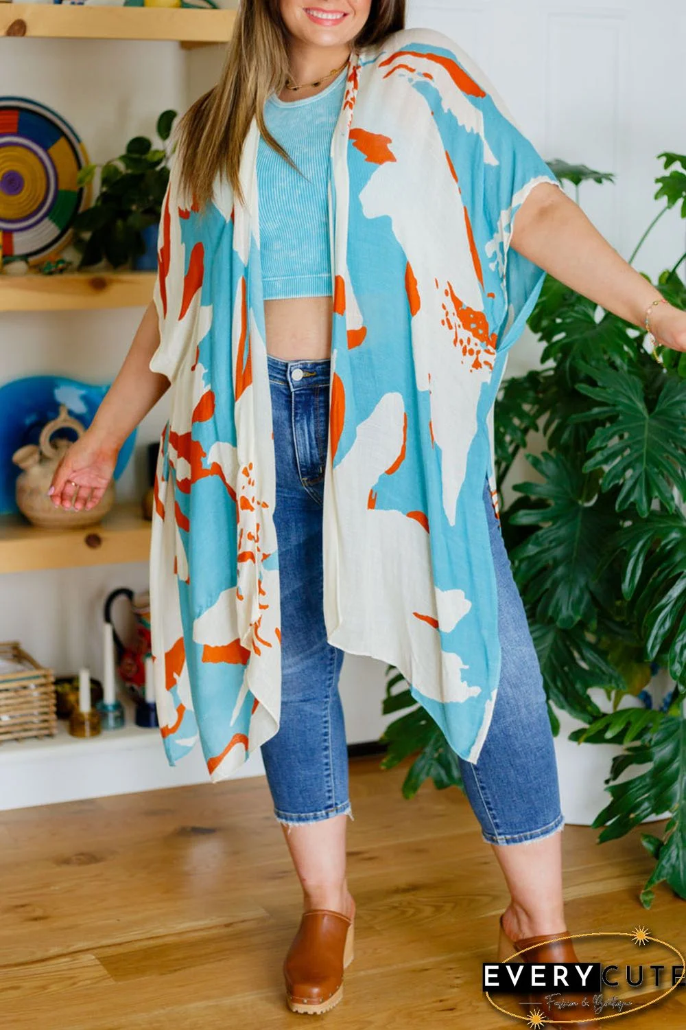 Sky Blue Plus Size Abstract Print Sweeping Kimono