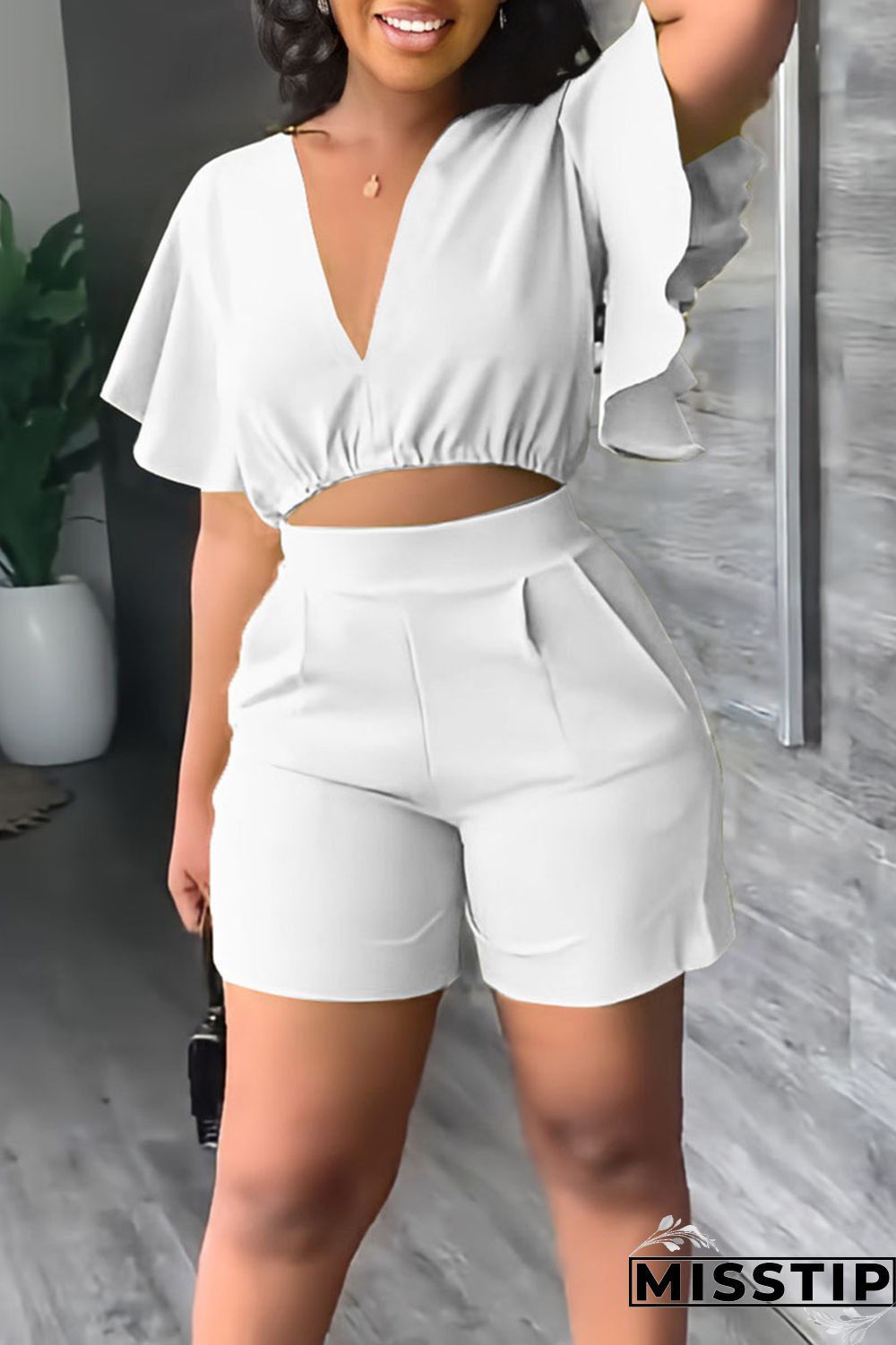 Yellow Casual Solid Patchwork Flounce V Neck Short Sleeve Two Pieces