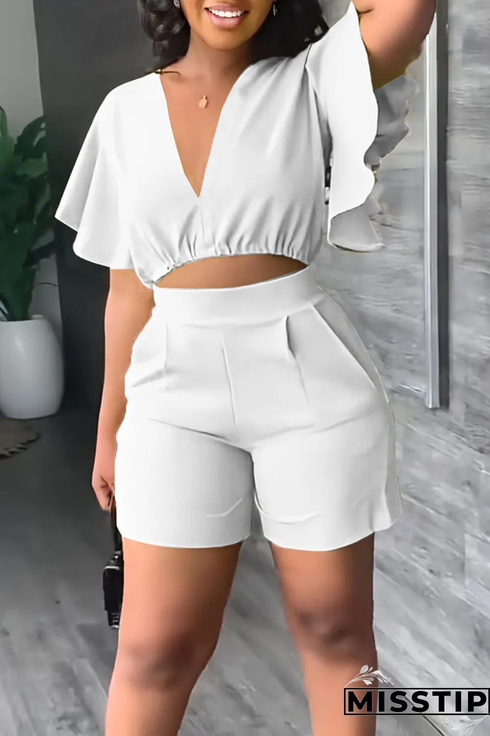 Yellow Casual Solid Patchwork Flounce V Neck Short Sleeve Two Pieces