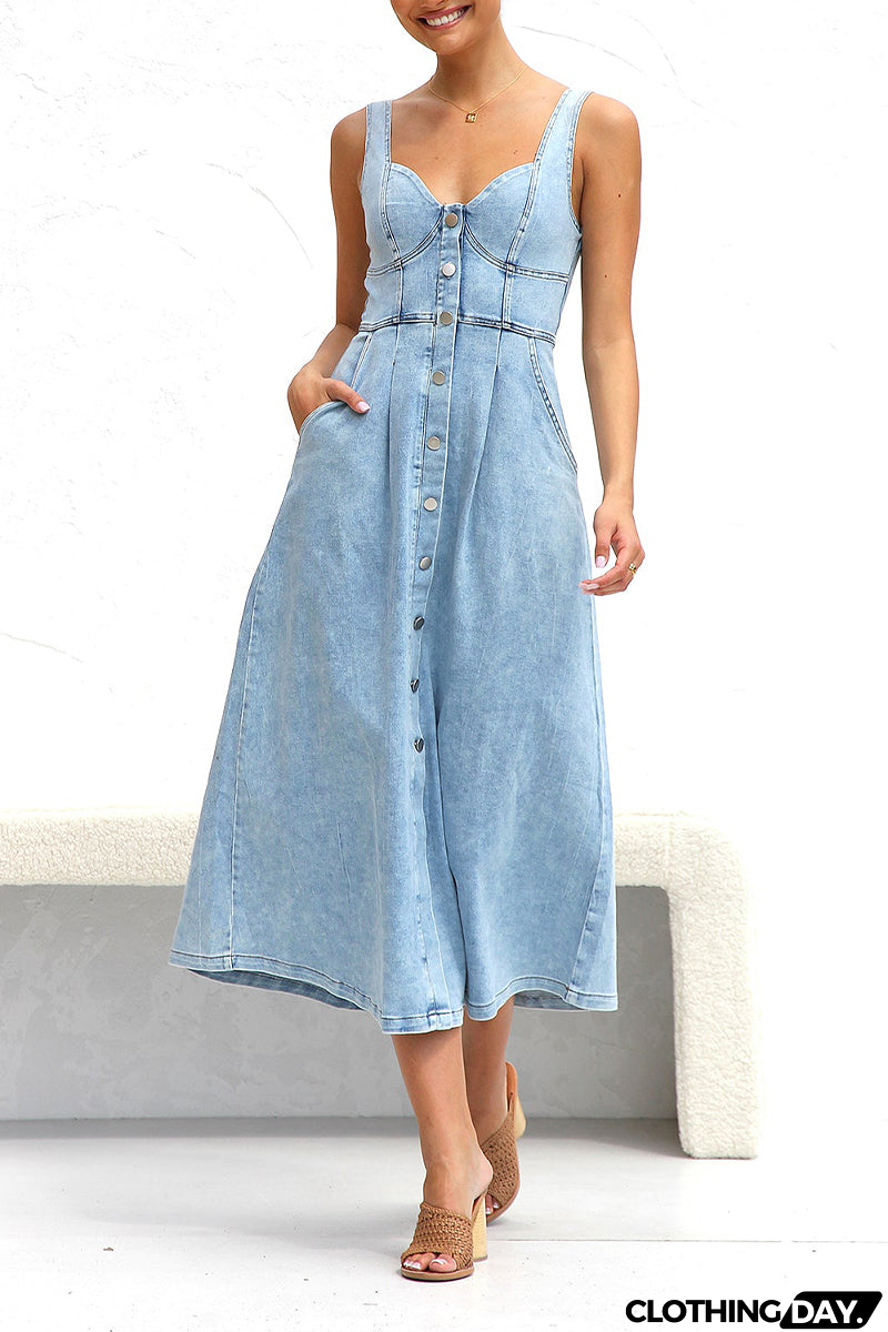 Elegant Solid Make Old Pocket Buckle V Neck Sleeveless Loose Denim Dresses