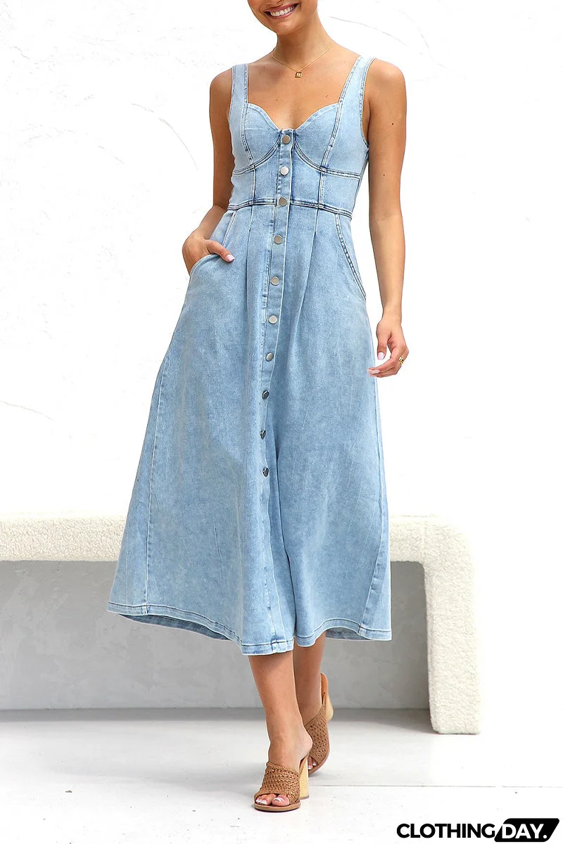 Elegant Solid Make Old Pocket Buckle V Neck Sleeveless Loose Denim Dresses