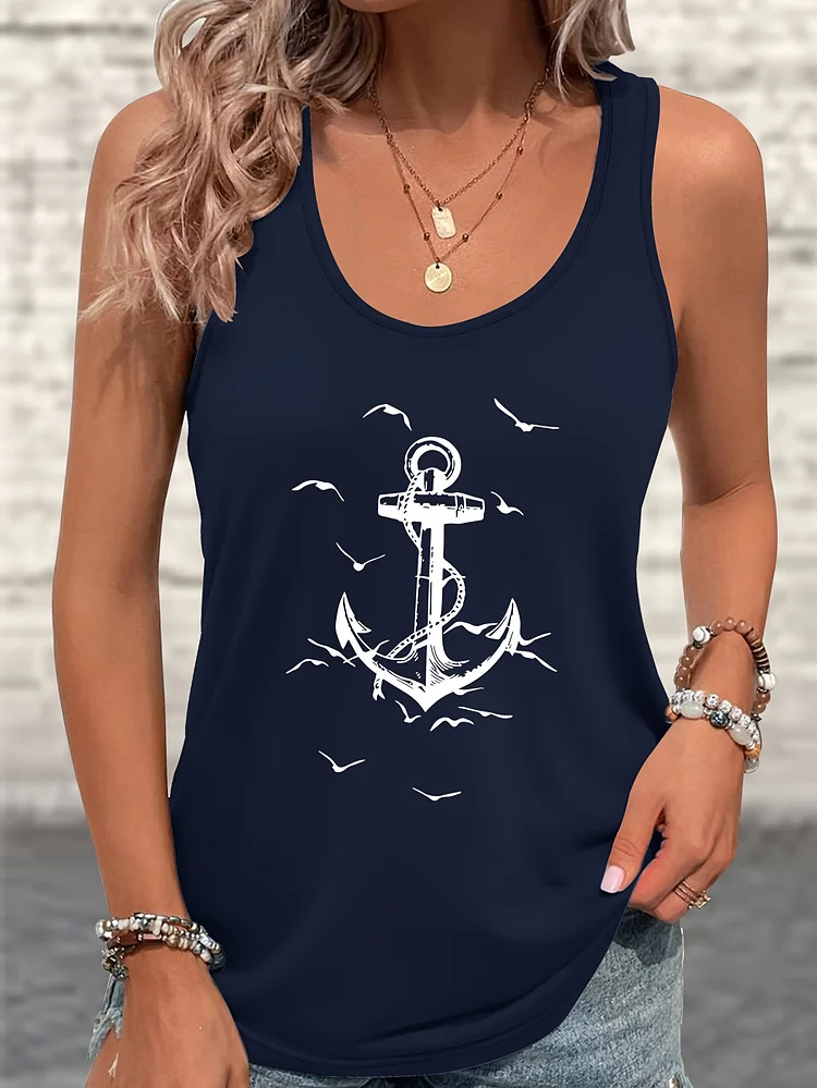 Women's Sleeveless Anchor & Floral Print Tank Top - Soft, Comfortable, And Machine Washable Light Blue Casual Summer Top For Beach And Vacation, Beachwear Essentials | Anchor Print Top | Nautical Theme Apparel