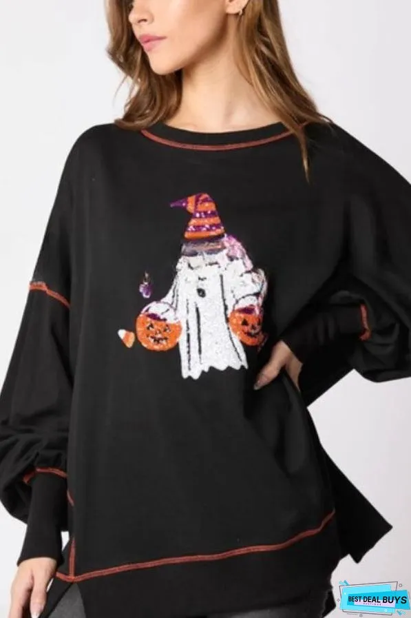 Halloween Ghost Sequined Sweatshirt Embroidered Casual Top