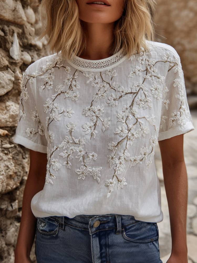 Women's White Cherry Blossom Art Embroidery Cotton Linen Blend Round Neck Short Sleeve Top elevenforest