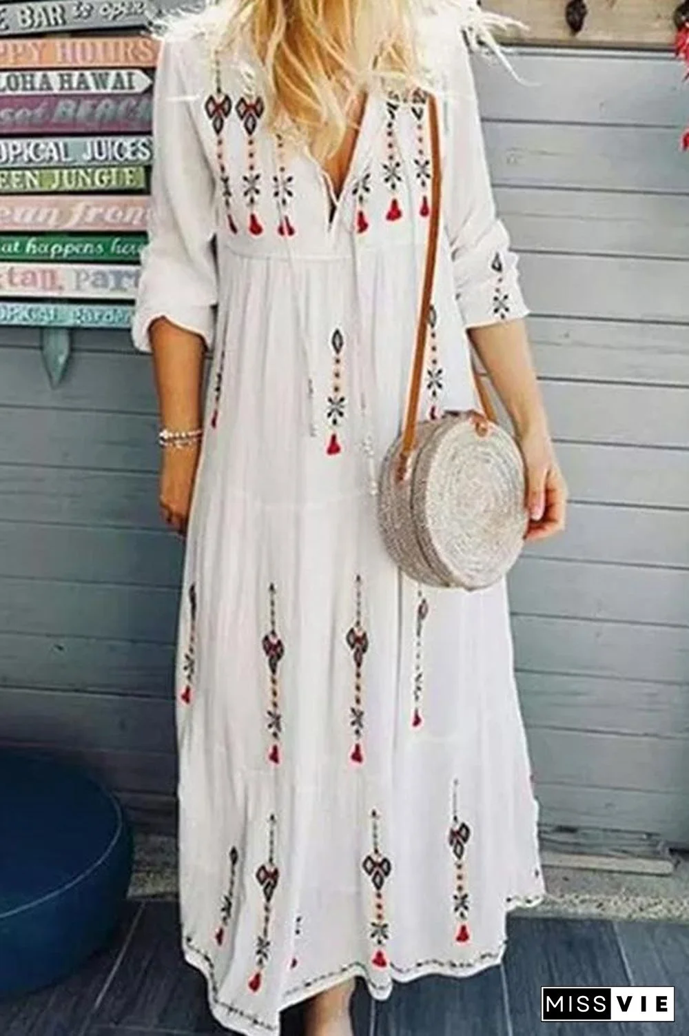 Boho Print V-Neck Long Sleeve Maxi Dress P10328