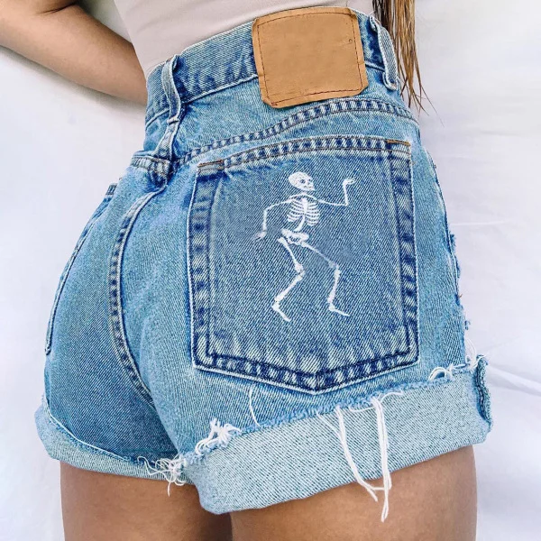 Women's Short Jeans Casual Denim Shorts Basic Casual High-waist Embroidery Pattern Sexy Sports Shorts Hot Pants