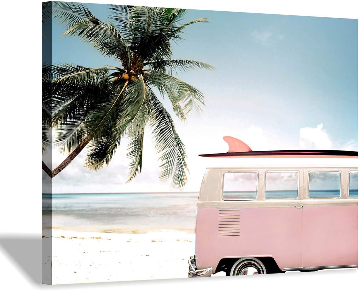 Beach Picture Coastal Wall Art: Pink Car with Surfboard Artwork Seaside Palm Painting Print on Canvas for Living Room (16'' x 12'' x 1 Panel) 16&#034;x 12&#034;(Unframed)