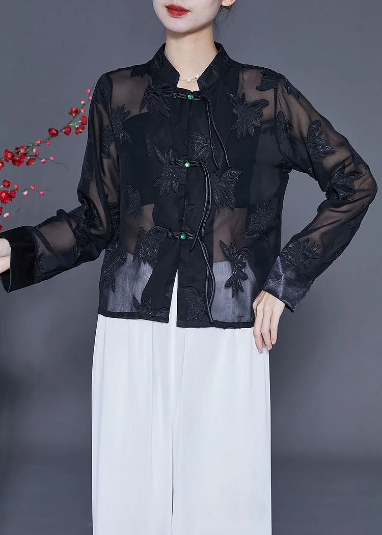 Vintage Black Embroideried Chinese Button Tulle Shirt Tops Summer