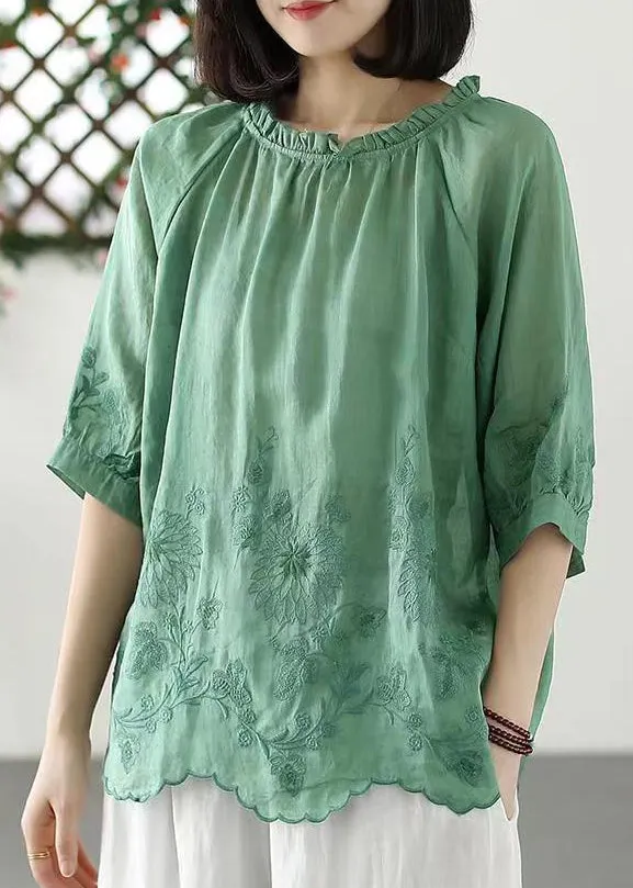 Green Versatile Linen T Shirts Ruffled Embroideried Half Sleeve