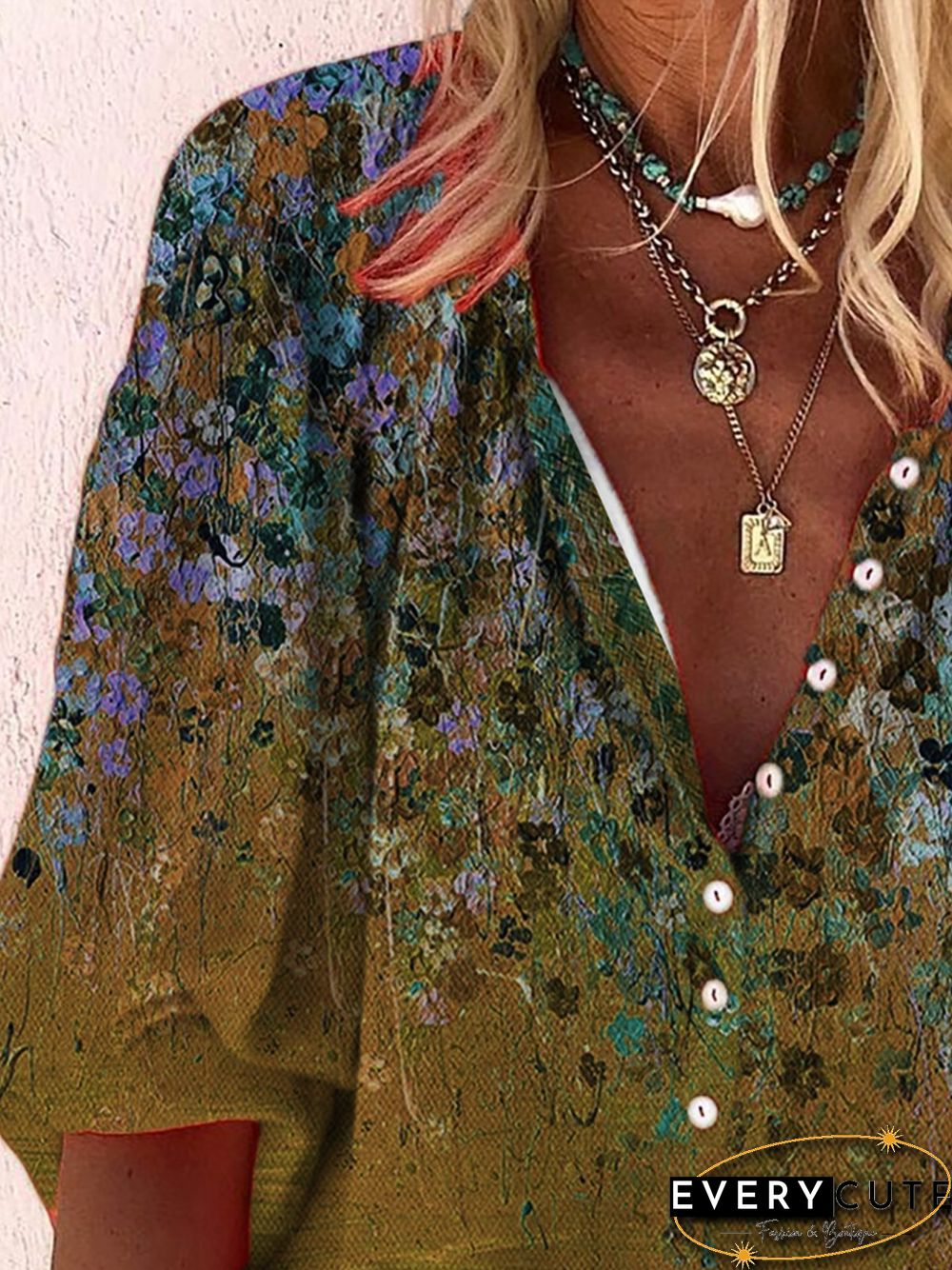 Vintage Half Sleeve Floral Printed V Neck Plus Size Casual Tops