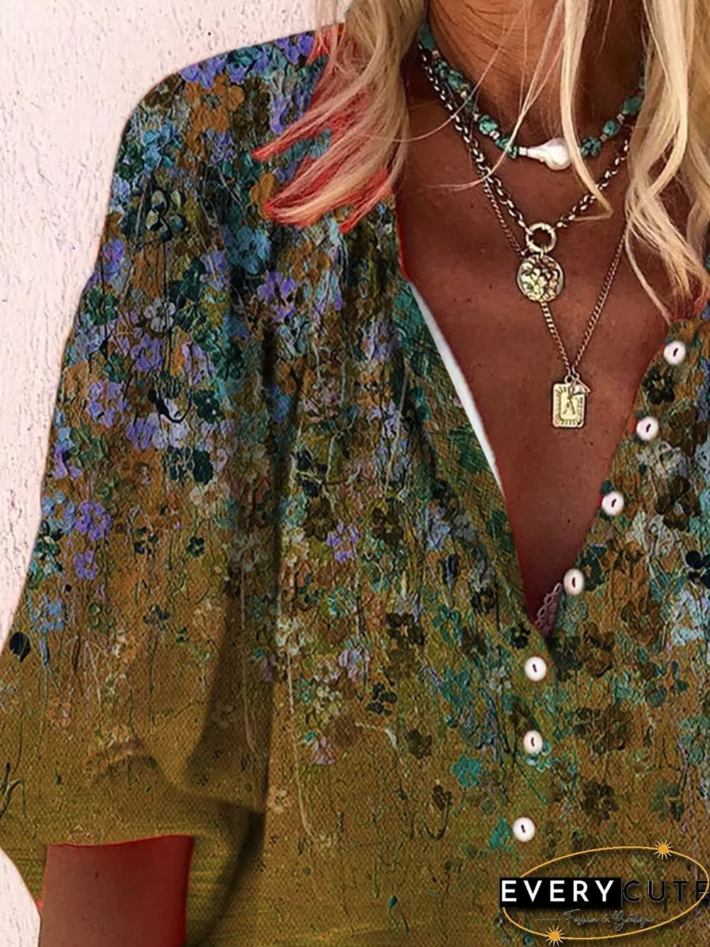 Vintage Half Sleeve Floral Printed V Neck Plus Size Casual Tops