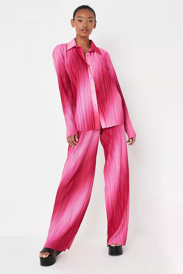 Gradient All Over Pleated Long Sleeve Blouses Pants Set