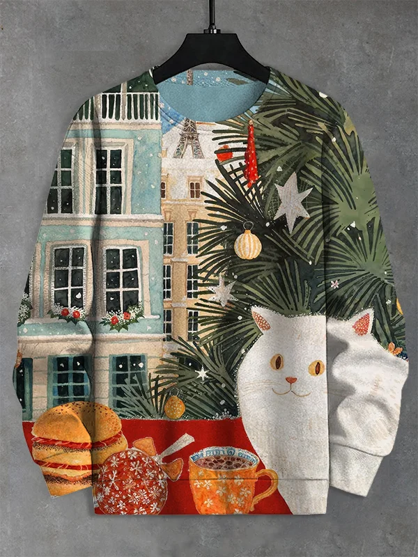 Men's Winter Cat Eats Breakfast Christmas Print Casual Sweatshirt