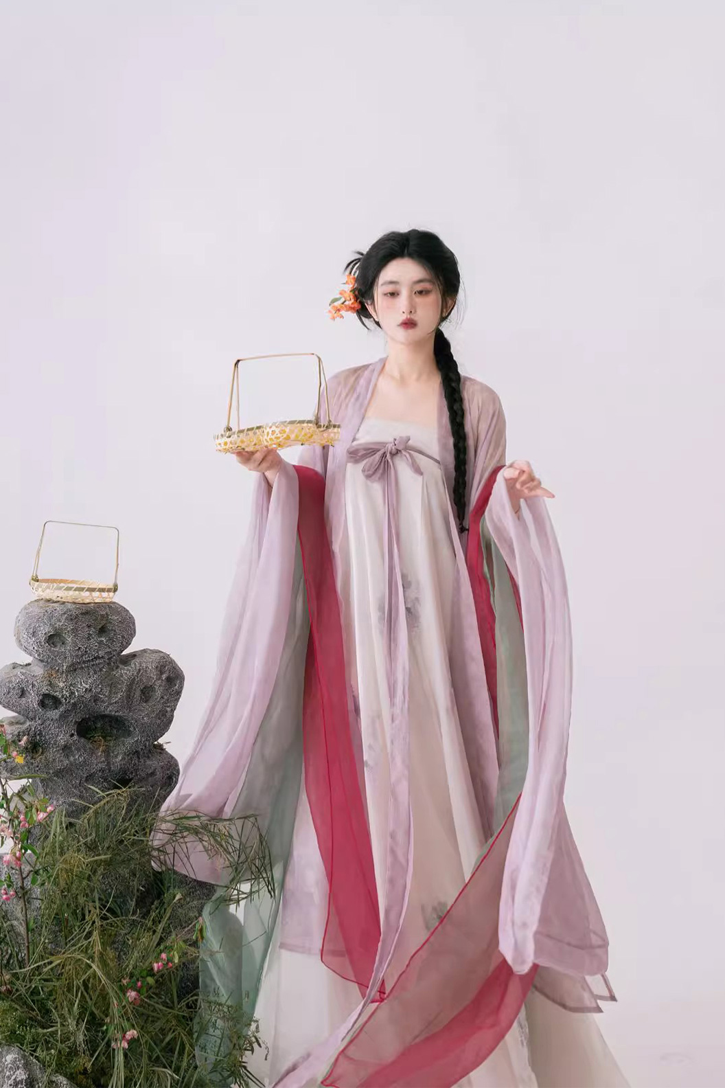 Tang Dynasty Pink Hanfu Dress with Wide Sleeve Robe and One Piece Qi xiong Ruqun - changxingsi 长相思 Stupa Stones