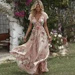 Women's Pink Rose Embroidered Art Short Sleeve Midi Dress - Image 2