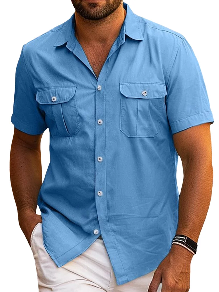 Men's Summer Breathable Double Pocket Solid Color Casual Short Sleeve Shirt