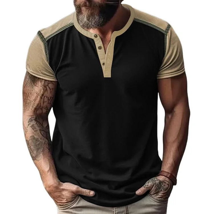 Men's Color Block Henley Collar Short Sleeve T-Shirt 23456326Y