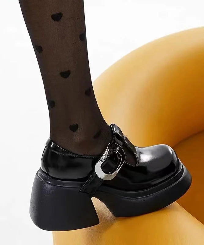 Original Design Black Chunky Heel Faux Leather Buckle Strap