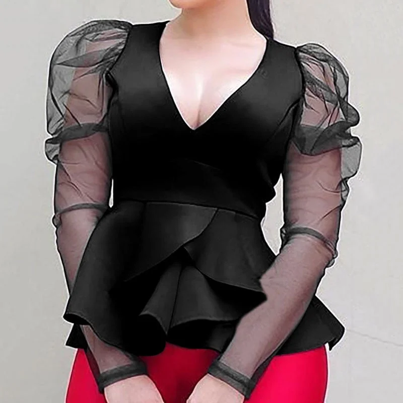 Celmia Fashion Women Black Peplum Shirts 2021 Spring V neck Mesh Sheer Tops Puff Sleeve Ruffles Blouse Casual Solid Party Blusas