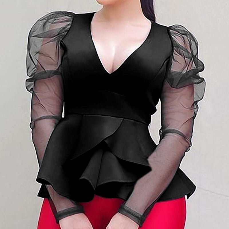 Celmia Fashion Women Black Peplum Shirts 2021 Spring V neck Mesh Sheer Tops Puff Sleeve Ruffles Blouse Casual Solid Party Blusas