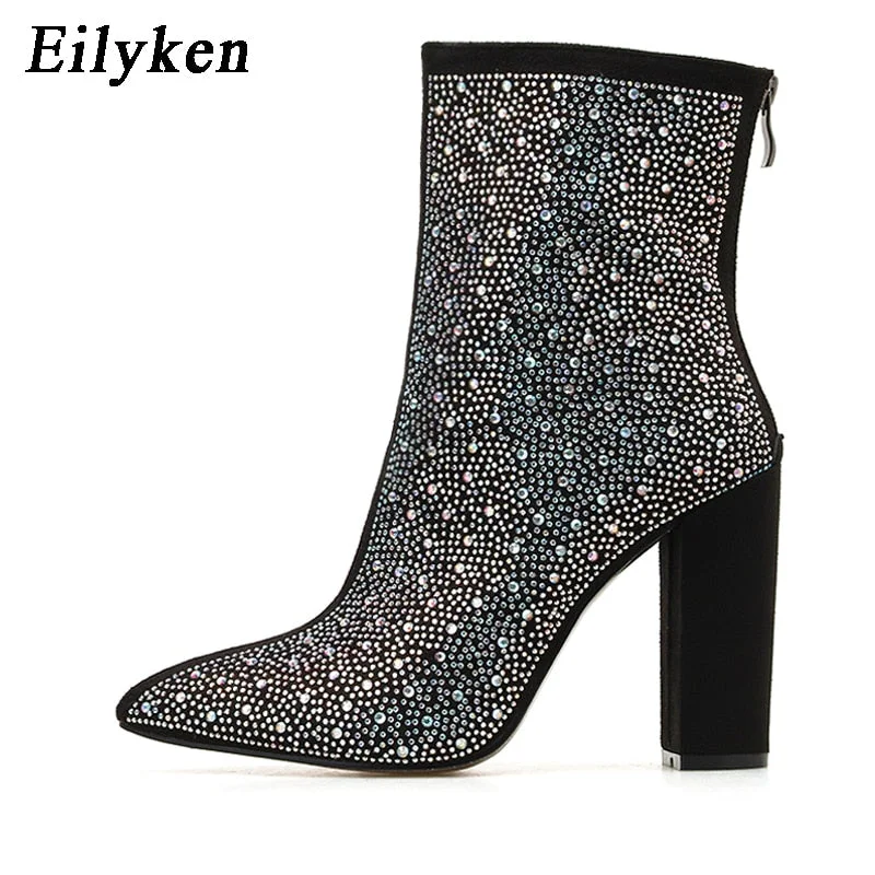 Eilyken 2022 Fashion Sexy Banquet Women's Boots Thick with Square Head Shiny Rhinestones Thin Nightclub High Heel Boots