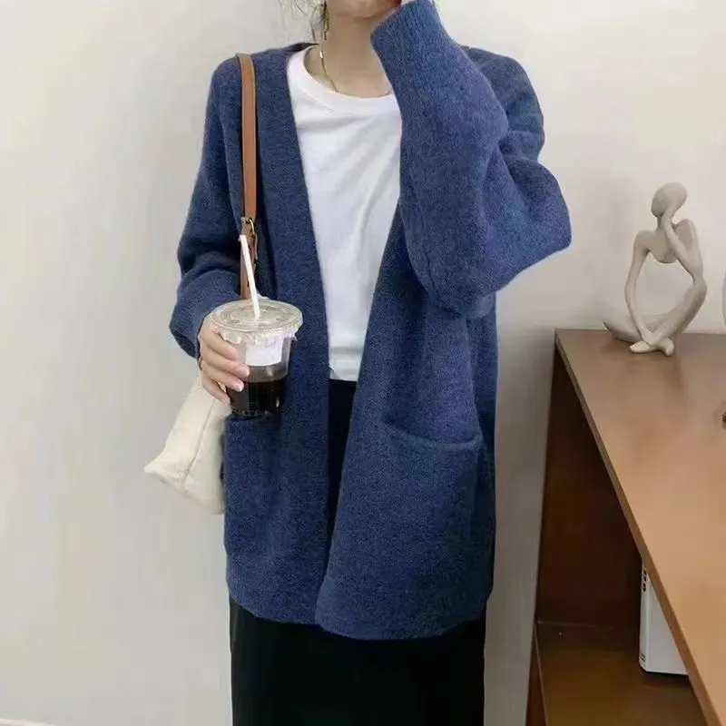Churchf Churchf Pure Color Autumn Winter 2024 New Lazy Wind Loose Outside Wear V-Neck Knit Cardigan Jacket Sweater Coat Female