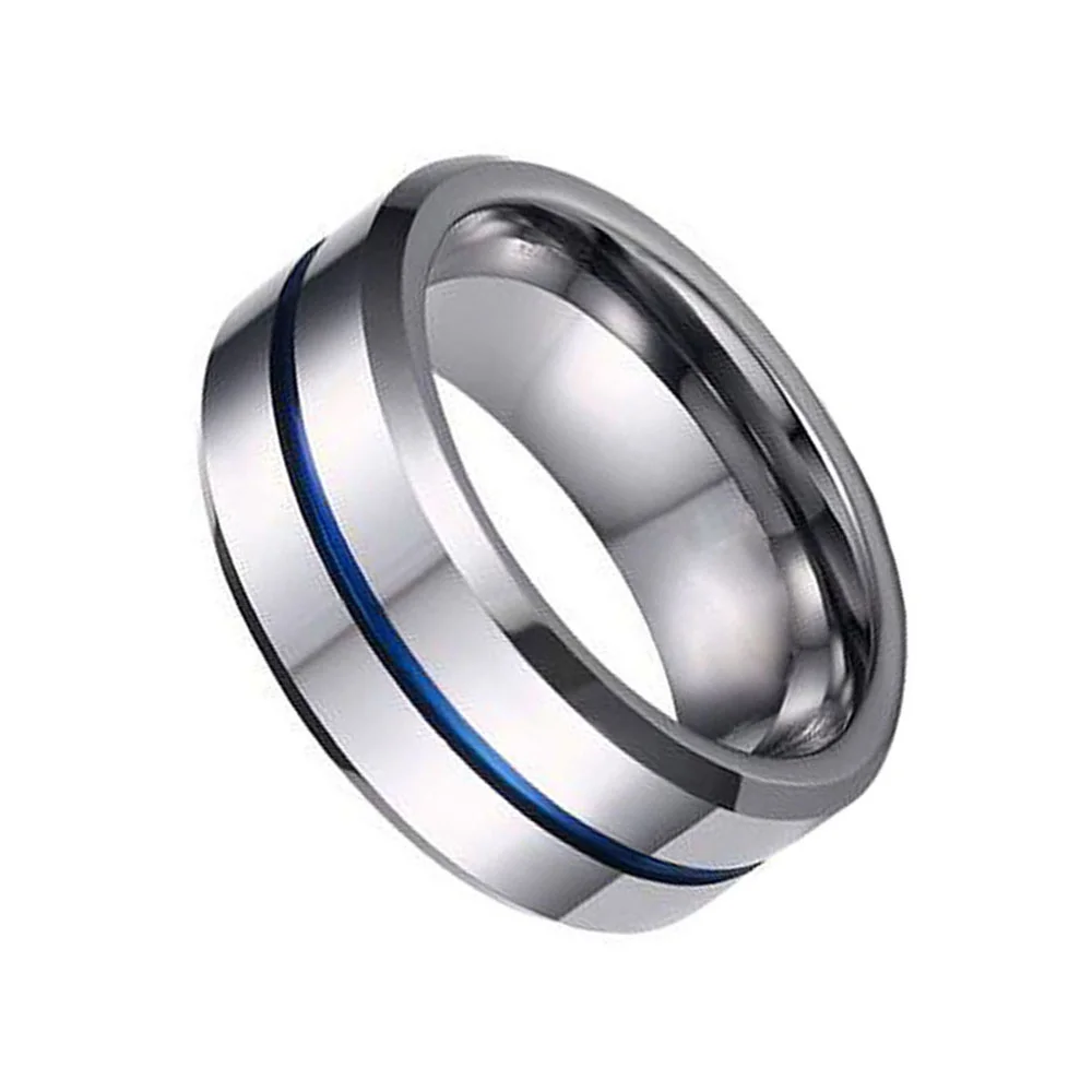 6MM 8MM Mens Silver Polish Finish Tungsten Carbide Blue Thin Groove Wedding Bands
