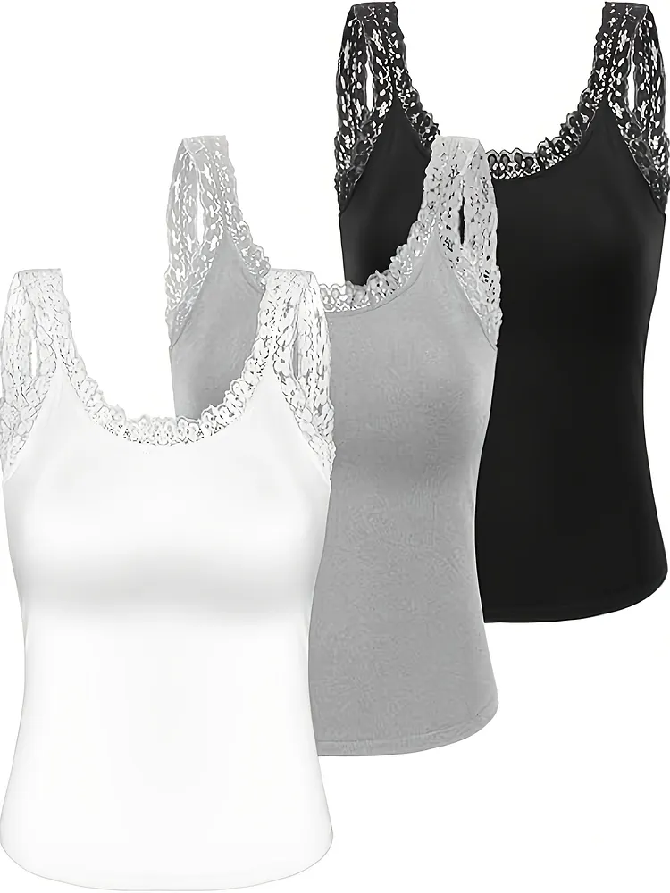 3pcs Solid Color Comfort Fit Camisoles - Nylon Sleeveless Knit Tanks With Contrast Lace Detail For All Season