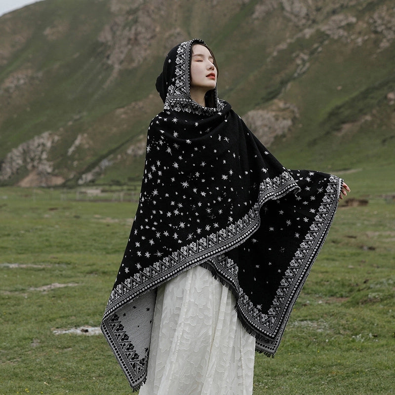 Ethnic Style Hooded Shawl Cloak Lijiang Xinjiang Tibet Northwest Tourism Wear Photograph Warm Outer Cape