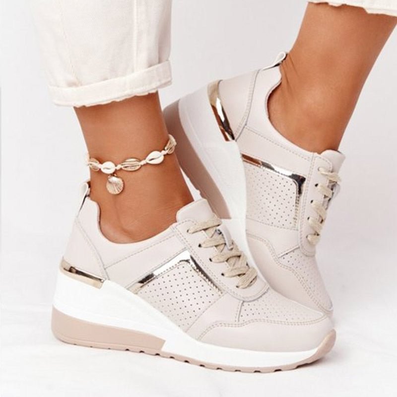 Women Shoes Breathable Leather Lace-Up Sneakers Wedge Sports Shoes Women's Vulcanized Shoes Casual Platform Ladies Office Flat